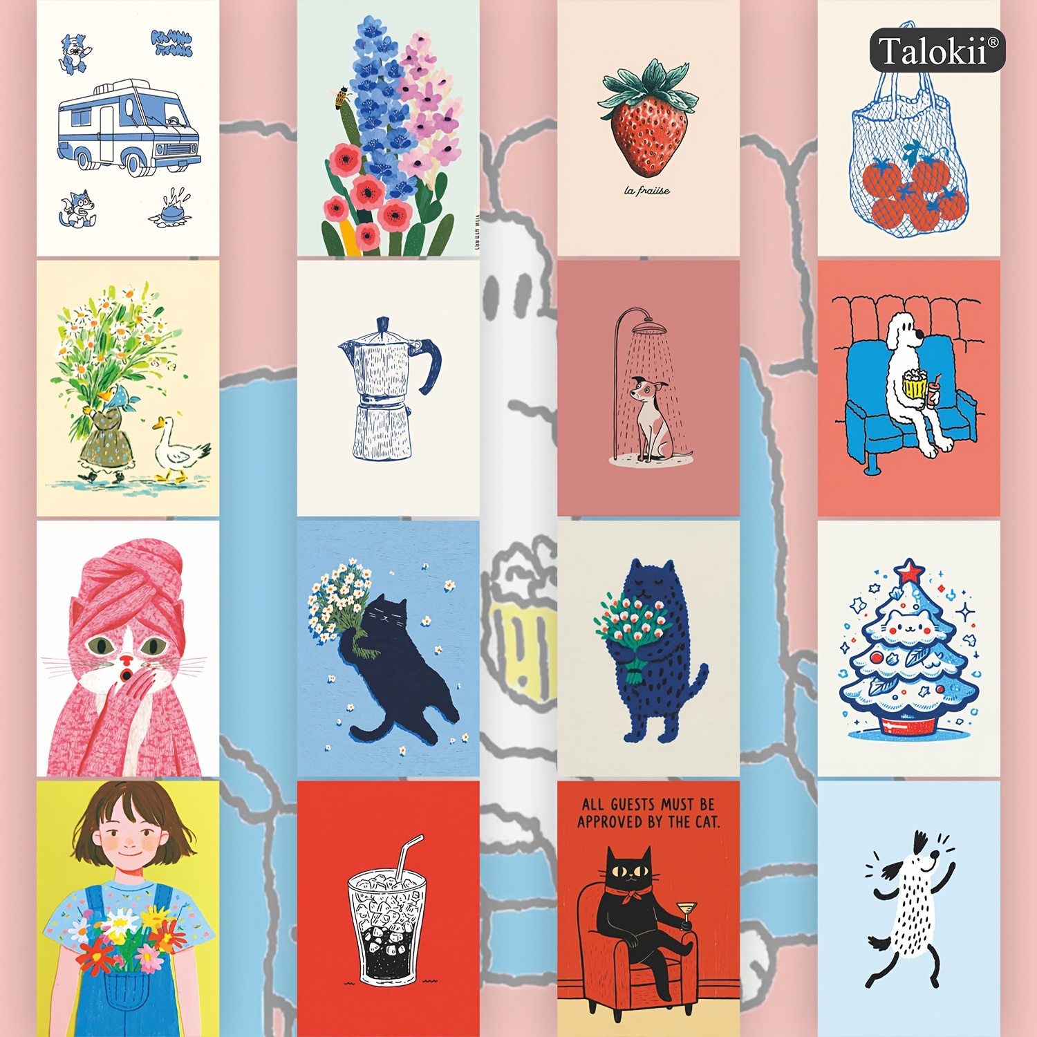 TEMU Lot de 16 cartes postales Minimalist Life, 10 X ( 4 X 6 pouces), illustrations mignonnes de chats, café et fleurs pour le journaling, le