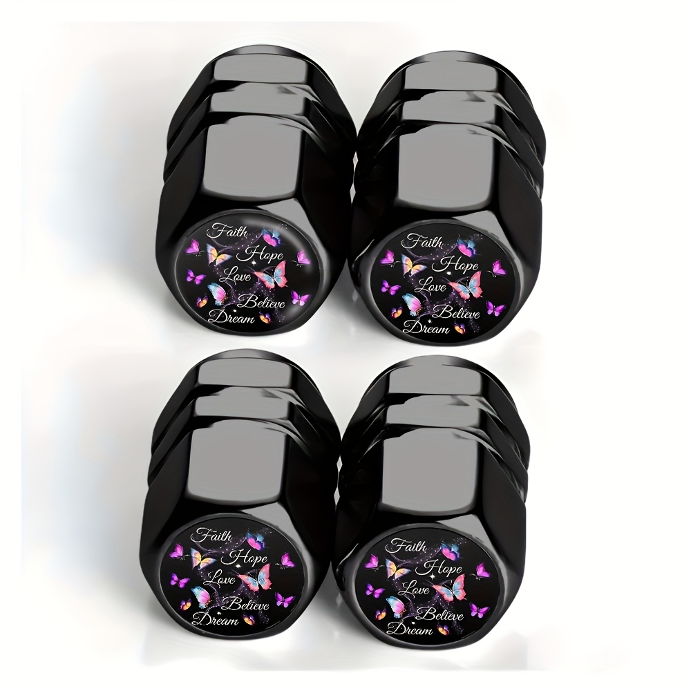 TEMU 4-pack Black Surround, Faith Message Pattern Tire Valve Caps - Suitable For Cars, Trucks, Suvs And Motorcycles, Durable Aluminum Alloy, Stylish