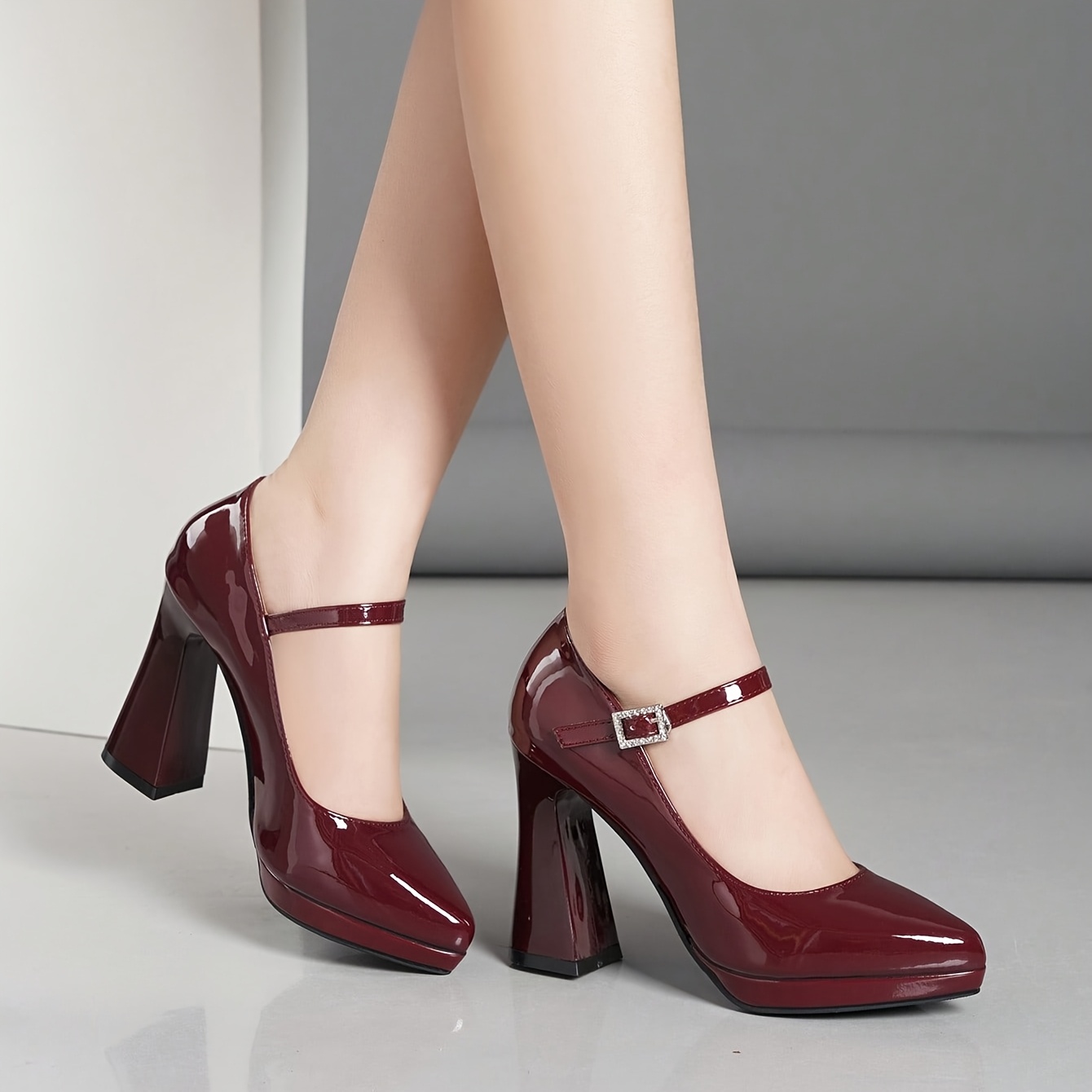 wine red womens high heeled shoes chunky heels pointed toes - Temu