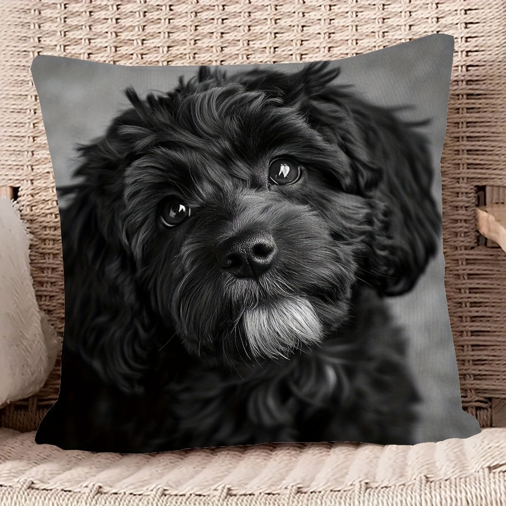 TEMU 1pc Cockapoo Poodle Puppy Plush Pillow Cover 18x18 Inch - Black & Design, Soft Polyester, Zipper Closure, Machine Washable, Ideal For Living