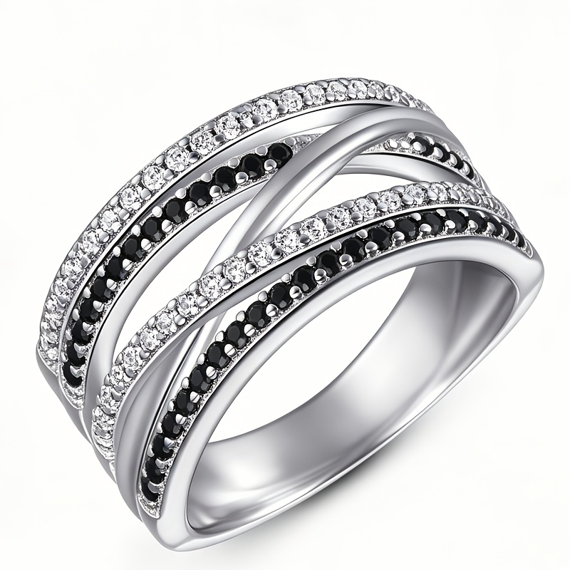 TEMU Fashion Multi Layer Winding Of Lines Black White Zirconia Wide Ring For Women Men Party Banquet Daily Luxury High Quality Ring Jewelry