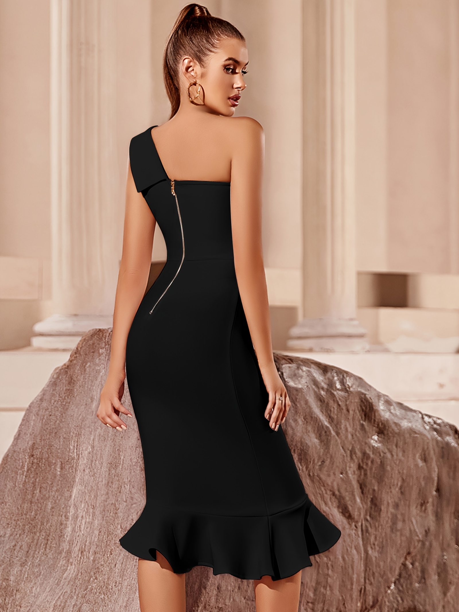 strapless open back dress Black Swarovski One-Shoulder Bodycon Dress – NATICA main image 1