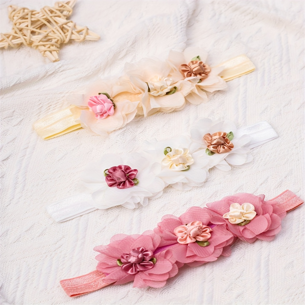 TEMU A Set Of 3 Handmade Chiffon Floral Elastic Headbands, Featuring A Cute And Sweet Bohemian Style For