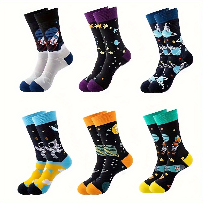 

6pcs Men's Astronaut & Starry Sky Print Crew Socks - Breathable Cotton Blend, Fashionable Mid-calf Length