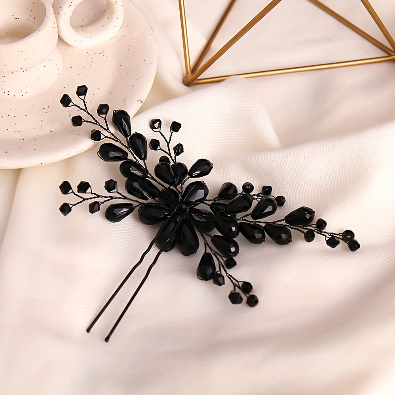 

Elegant Handmade Black Bridal Hair Accessory - Glittery Beaded Floral U-shaped Clip With Crystals, Wedding Hairstyles & Fairy-themed Events, No Power Needed, Wedding Accessories