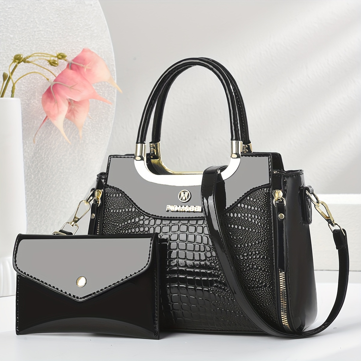 Damen Handtasche Tasche Schwarz Mit Silber Elegante Schwarze