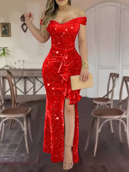 elegant off shoulder sequin party dress long asymmetrical hem glittery pink fabric formal events special occasions celebration wear sophisticated
