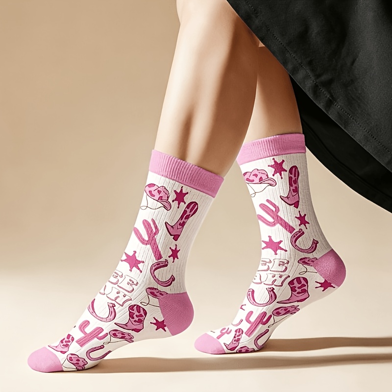 TEMU 1 Paire de Chaussettes Roses Style Cowboy Western Imprimées, Douces, Respirantes, Rafraîchissantes et Simples. Convient pour les Quotidiens, les