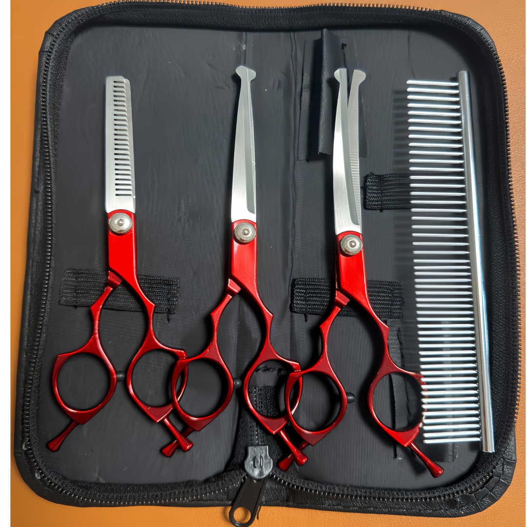 TEMU Pet Grooming Scissors 5pcs Set 7-inch Double Layer Plated Round-head Pet Scissors Straight Scissors Curved Scissors Teeth Scissors Comb Hair