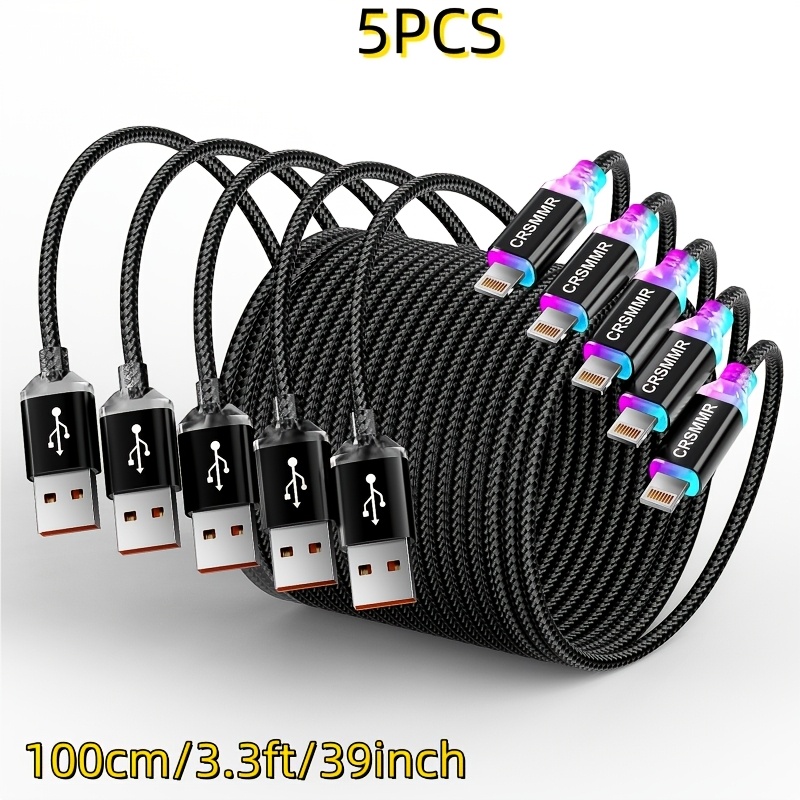 TEMU 5 câbles de charge rapide à lumière respirante RGB, câble de données tissé durable USB-A vers Lightning pour charge rapide, adapté pour iPhone