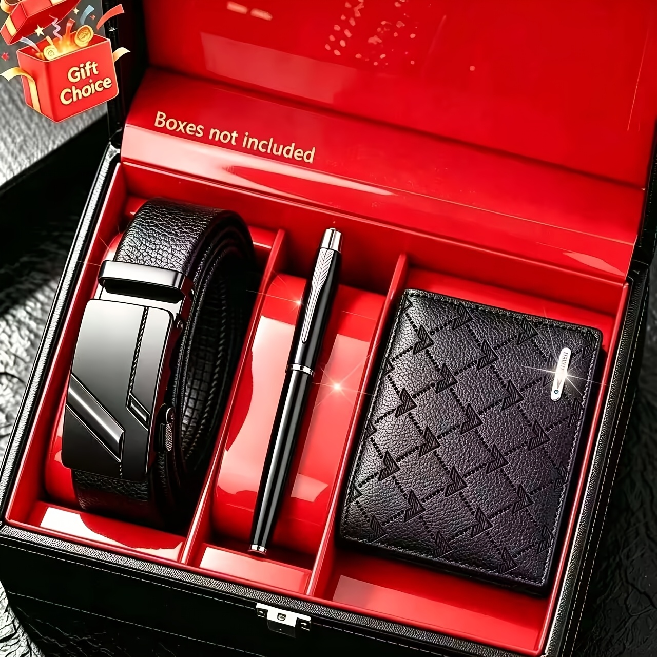 TEMU 3pcs Men's Buckle Belt, Multi-card Wallet & Ballpoint Pen Gift Set - Suitable For Business & Casual Wear, Belt With Wallet & Pen Holder,