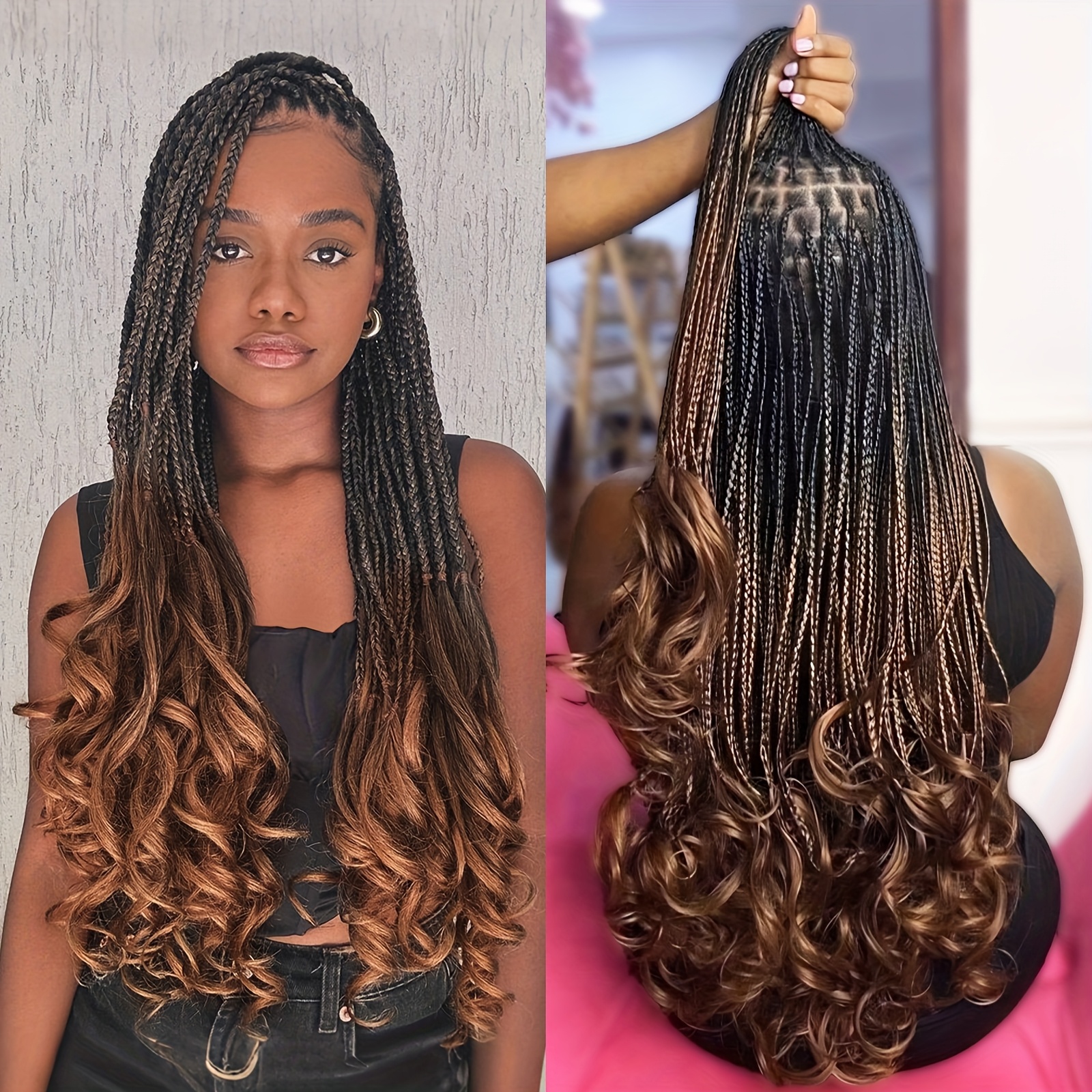 Image of 360° Hd Full Lace Braided Wigs For Women Fully Handmade Knotless Goddess Curly Box Braid Wig Square Lace Glueless Braided With Hair Synthetic Ombre Brown French Curly Box Braided Cosplay Partywig