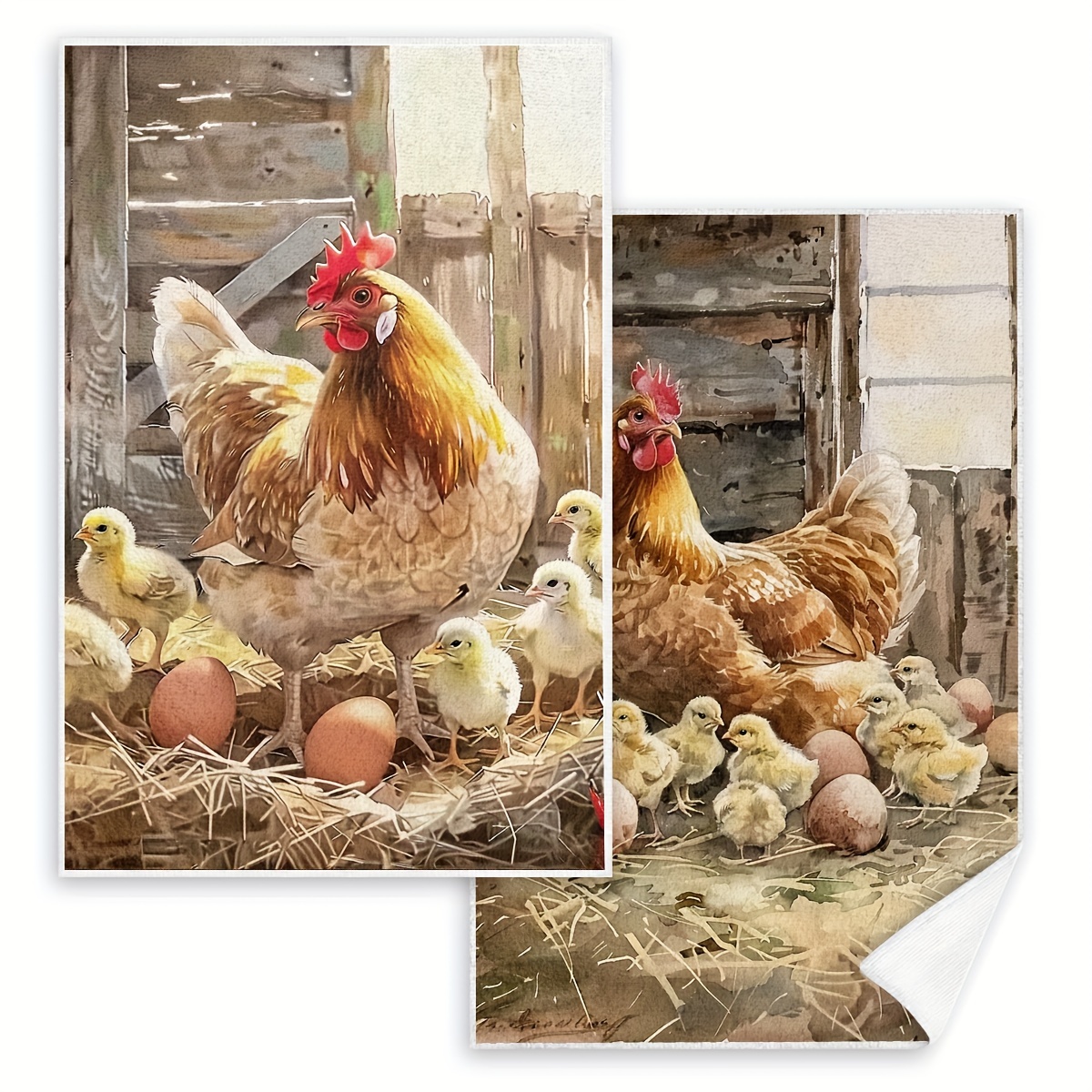 TEMU 2-pack Contemporary Microfiber Dish Towels - Hen & Chicks Kitchen Decor, Absorbent Knit Fabric Hand Towels, Cartoon Chicken Dish Cloths, Machine