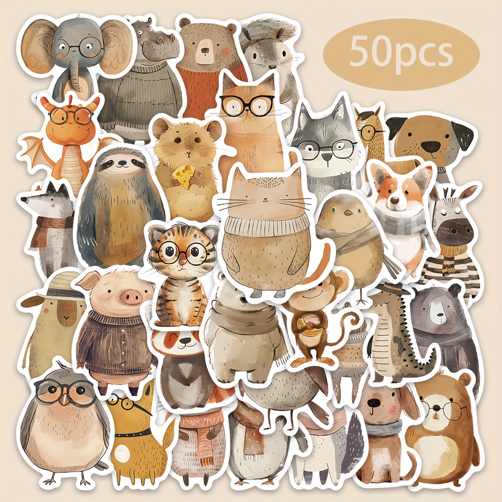 Image of 50 Cute Hand-drawn Cartoon Animal Stickers For Decorating Laptops, Skateboards, Guitars, And Luggage - Decals