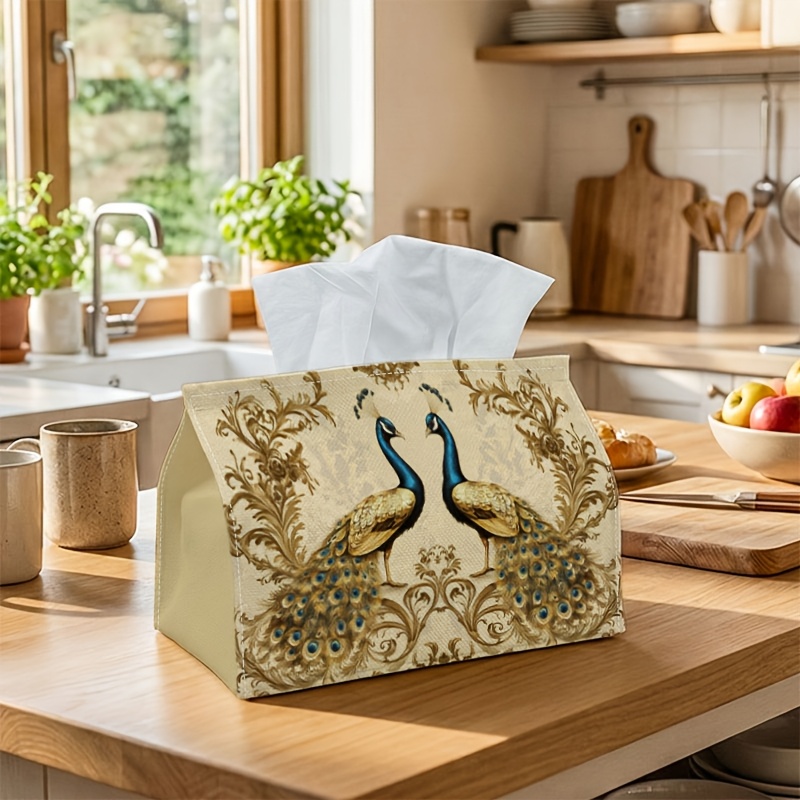 TEMU 1pc Vintage Stylish Tissue Holder, - Peacock Duo Golden&, Durable Fabric Multi-functional Decorative Organizer For Kitchen And Living Room,