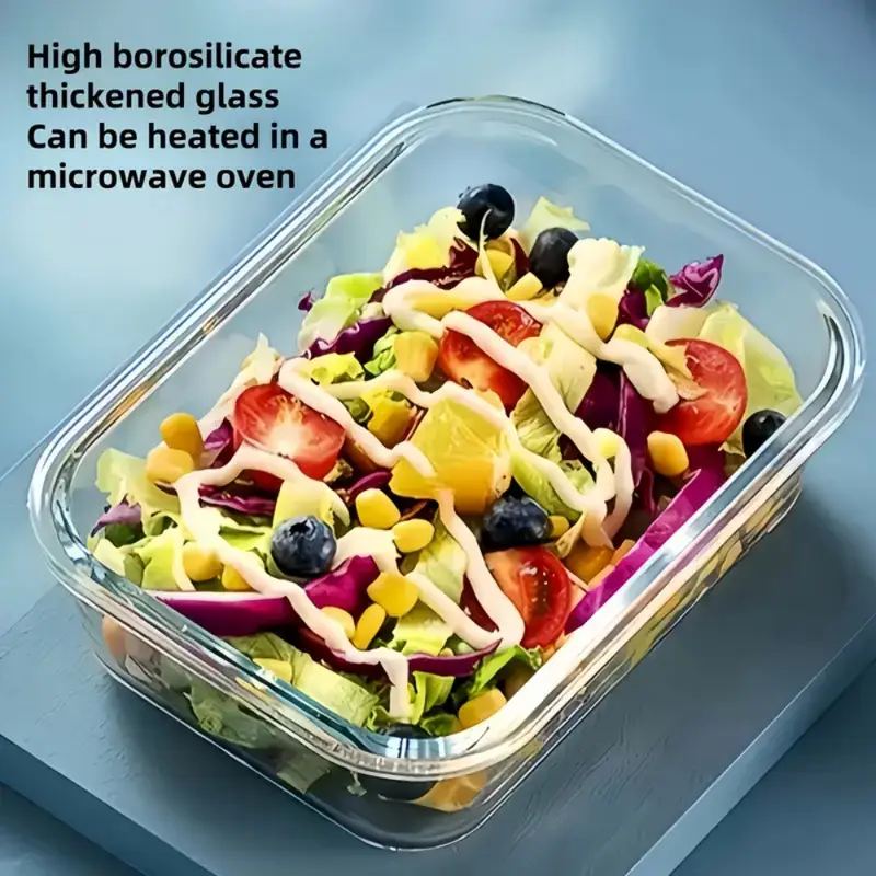 1pc transparent lid rectangular 1040ml with sealed lid high borosilicate thickened glass food storage container leak proof microwave oven and freezer safe built in silicone ring with four sided locking double sealing airtight lid stackable reusable no electricity integrated design easy to clean dead use suitable for home and travel takeaway lunch box Product details 5