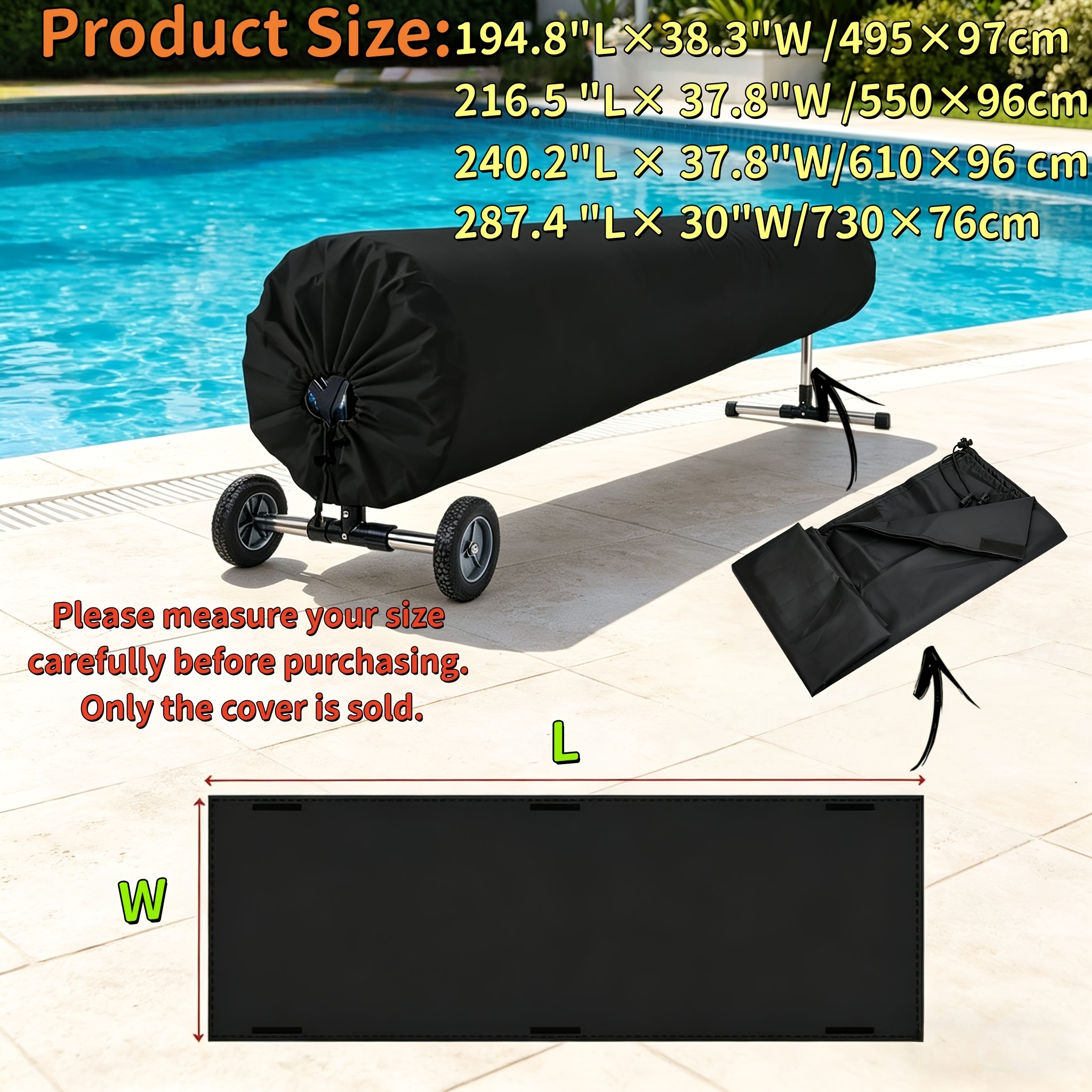 TEMU 1pc Pool Solar Reel Cover, Heavy Duty Protective Cover With Drawstring, And Strap For Above And Inground Pools, Multiple Sizes, Black (cover )