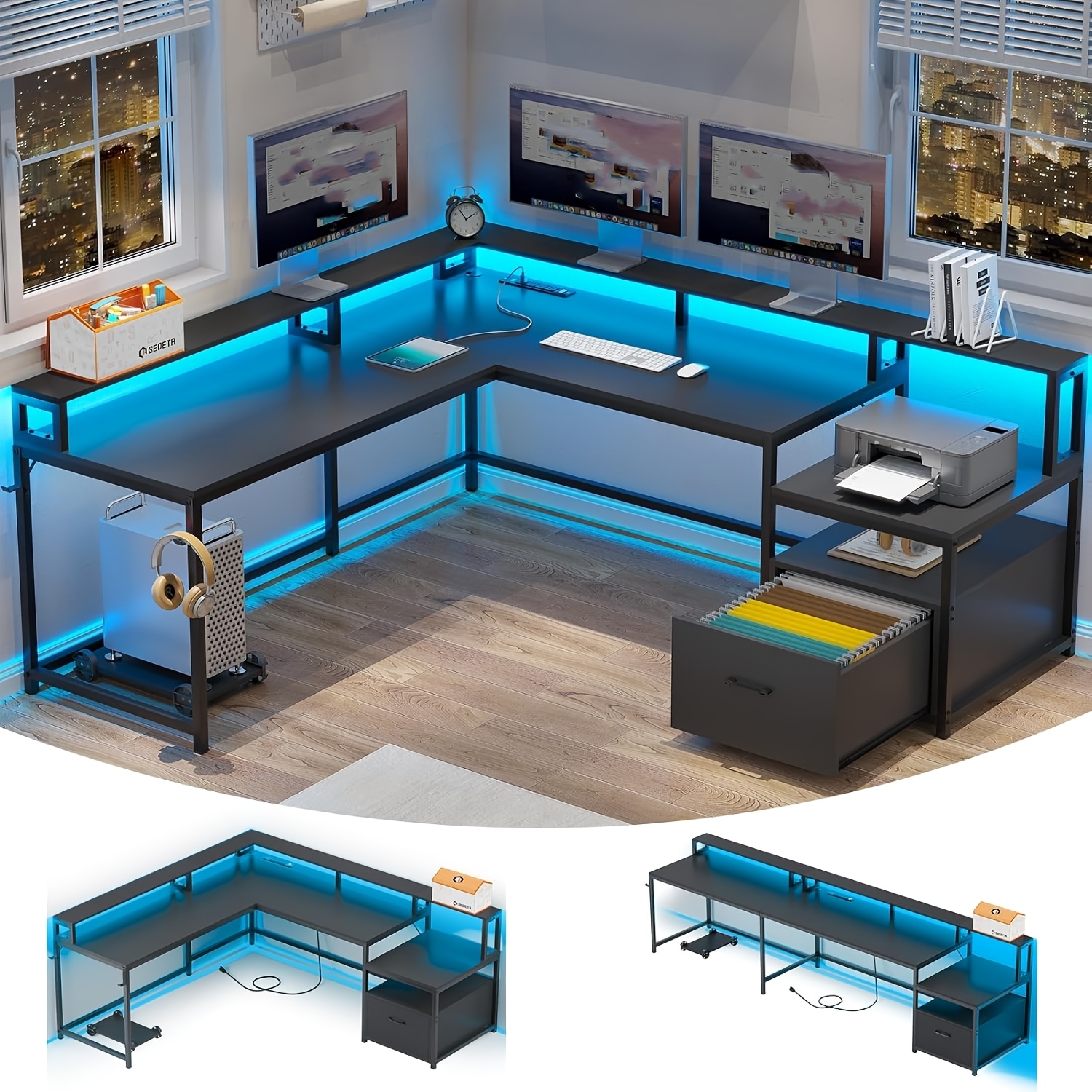 TEMU L Shaped Desk For Home Office, Reversible Corner Computer Desk With File Drawer, Led Lights And Monitor Shelf, 2 Person Desk