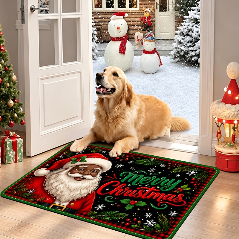 TEMU Doormat, 1pc Christmas Welcome Door Mat, African American Santa Claus And Pattern Of Welcome Door Mat, Xmas Party Decoration, Christmas Holiday