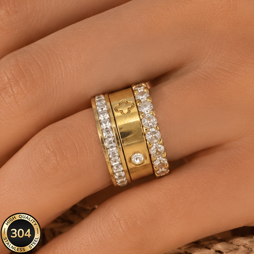 TEMU Exquisite 18k Gold-plated 304 Stainless Steel Stackable 3pcs Ring Set, Stylish And Minimalist, Classic And Versatile, Durable And Long-lasting.