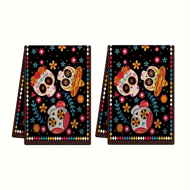 

2pcs Day Of The Dead Sugar Kitchen Towels, 16x24 Inch, Vintage Floral Festive Dish Cloth, Polyester Cleaning Wipes For Home & Holiday Decor