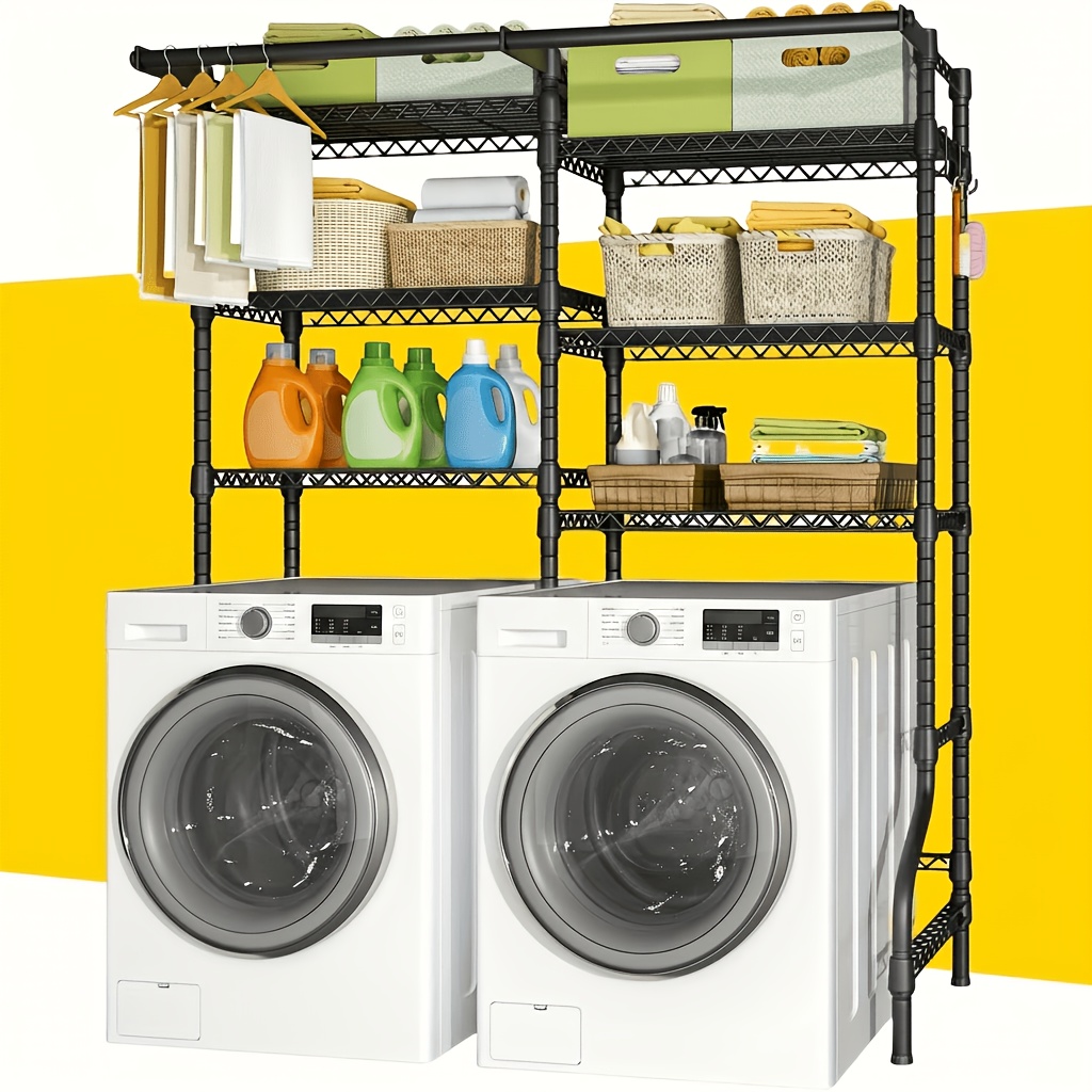 TEMU Extra Wide 6-tier Laundry Room Shelf With 2 Hanging Rods - Freestanding Carbon Steel Storage Organizer Over Washer Dryer, 57.8"w X 22"d X 77.4"h, Black Adjustable Drying Rack, Drying Racks