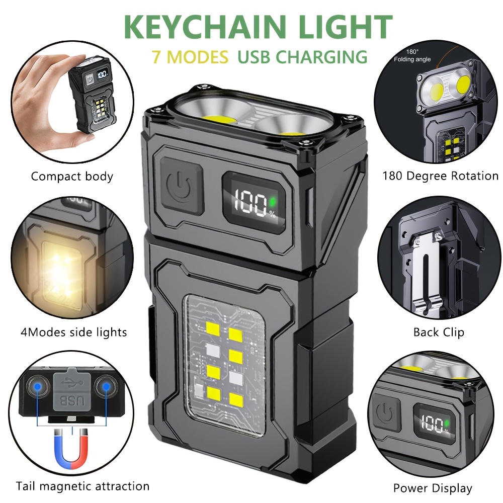 

1pc Mini Led Keychain Flashlight, Rechargeable 350-500 Cob With Magnetic Tail, 7 , Abs, Usb Charging, 200-500m Range, Emergency & Outdoor Use, Includes Usb Cable & Storage Box