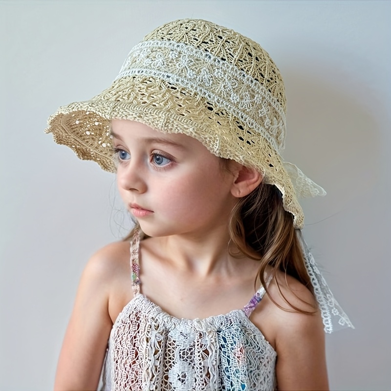 1pc kids summer sun hat girls wide brim straw hat lace trim Temu
