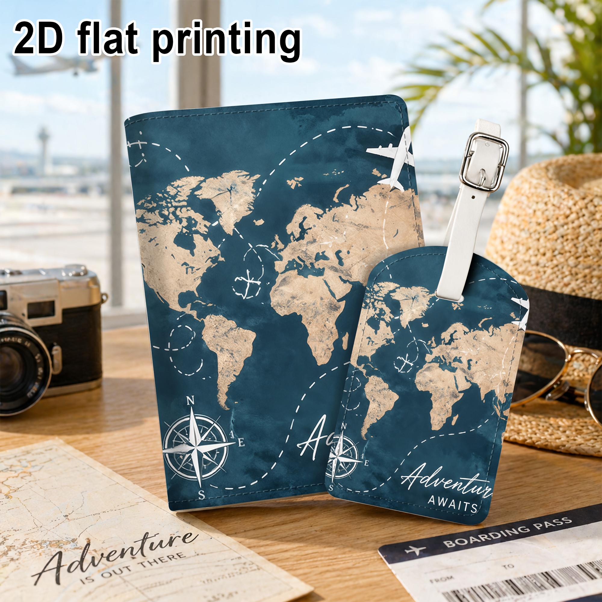 TEMU 2pcs Set (2d Flat Printing) World Map With Airplane And Compass Passport Holder Luggage Tag, Lightweight Pu Material, Suitable For Travel Bags,
