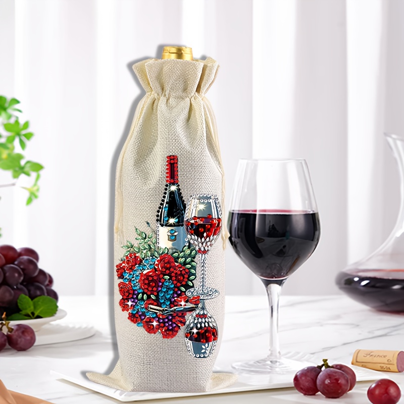 TEMU 1pc Diy Diamond Painting Wine Bottle Bag, Floral Wine Romantic Design, Suitable For Christmas, Weddings, Birthdays, And Party Decorations, Wine