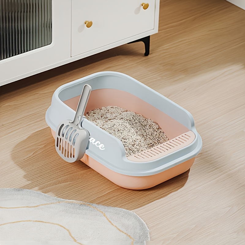 TEMU 1 Customized Semi- Litter Box With A Scoop, Featuring Raised Sides To Prevent Litter From Spilling Out, A Household Cat Toilet Accessory