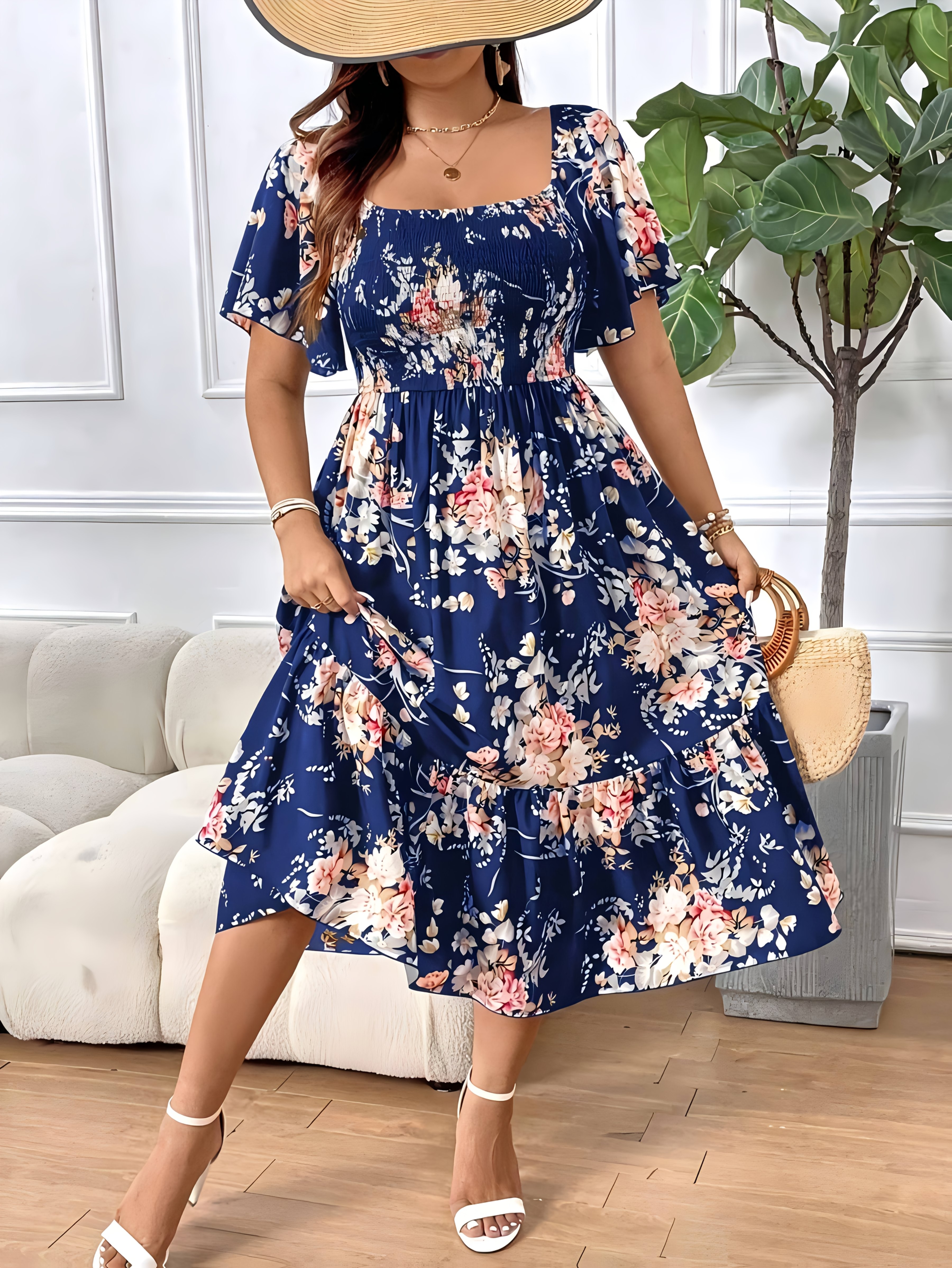 plus size light neck floral print smocked waist - Temu United Arab Emirates