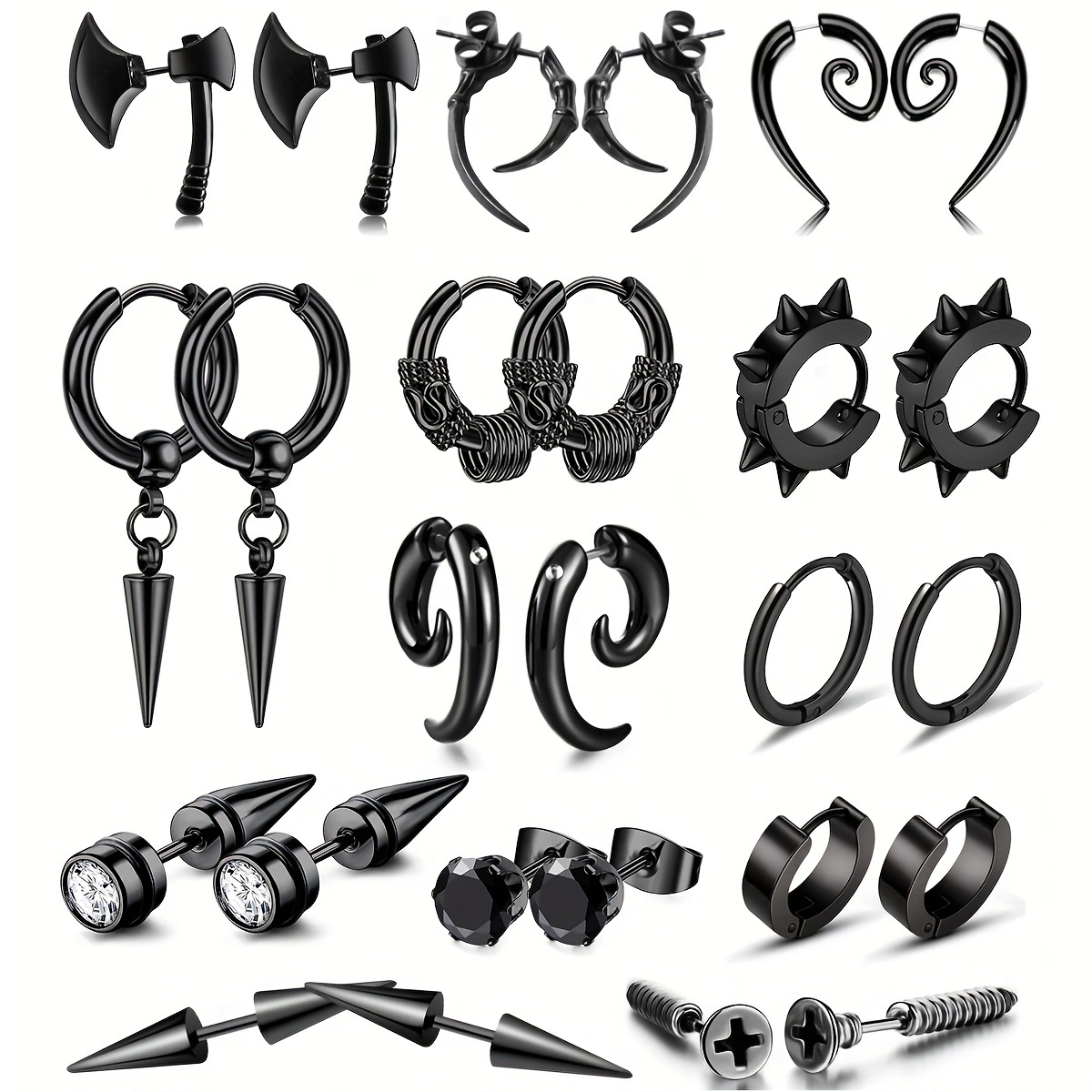 

13 Pairs Punk Style Black Earrings Set, Stainless Steel Stud Earrings, For Men Women, Hip Hop Street Earrings