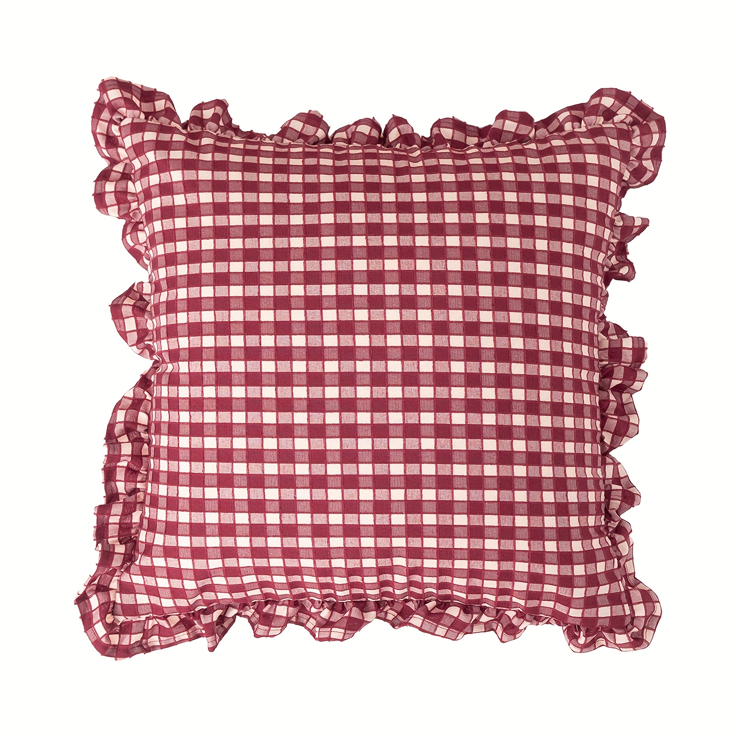 Image of 1pc Vintage Boho Pickering (tjie-pike) Pillowcase Cushion Cover - Plaid Grid Ruffle Trim Bedspread Suitable For Sofa, Wedding, Party Decor - Machine-washable Zipper Closure Boho- Accent