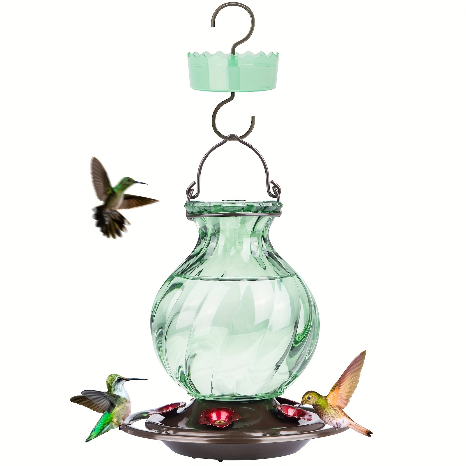 

26 Ounces Hummingbird Feeder, Hummingbird Feeders For Outdoors Hanging, Ant Moat And Feeding Ports, Fade Proof, Rustproof, Leakproof, Flower Bud Shape Bottle, Green