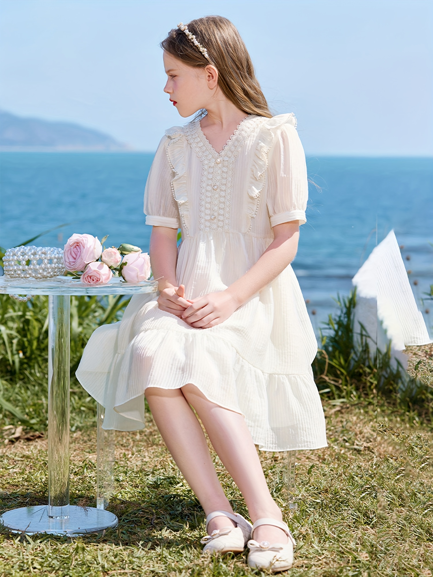 girls lightweight chiffon dress with   hem v neck short sleeve cinched waist invisible zipper back summer beach   for     dress Product details 3