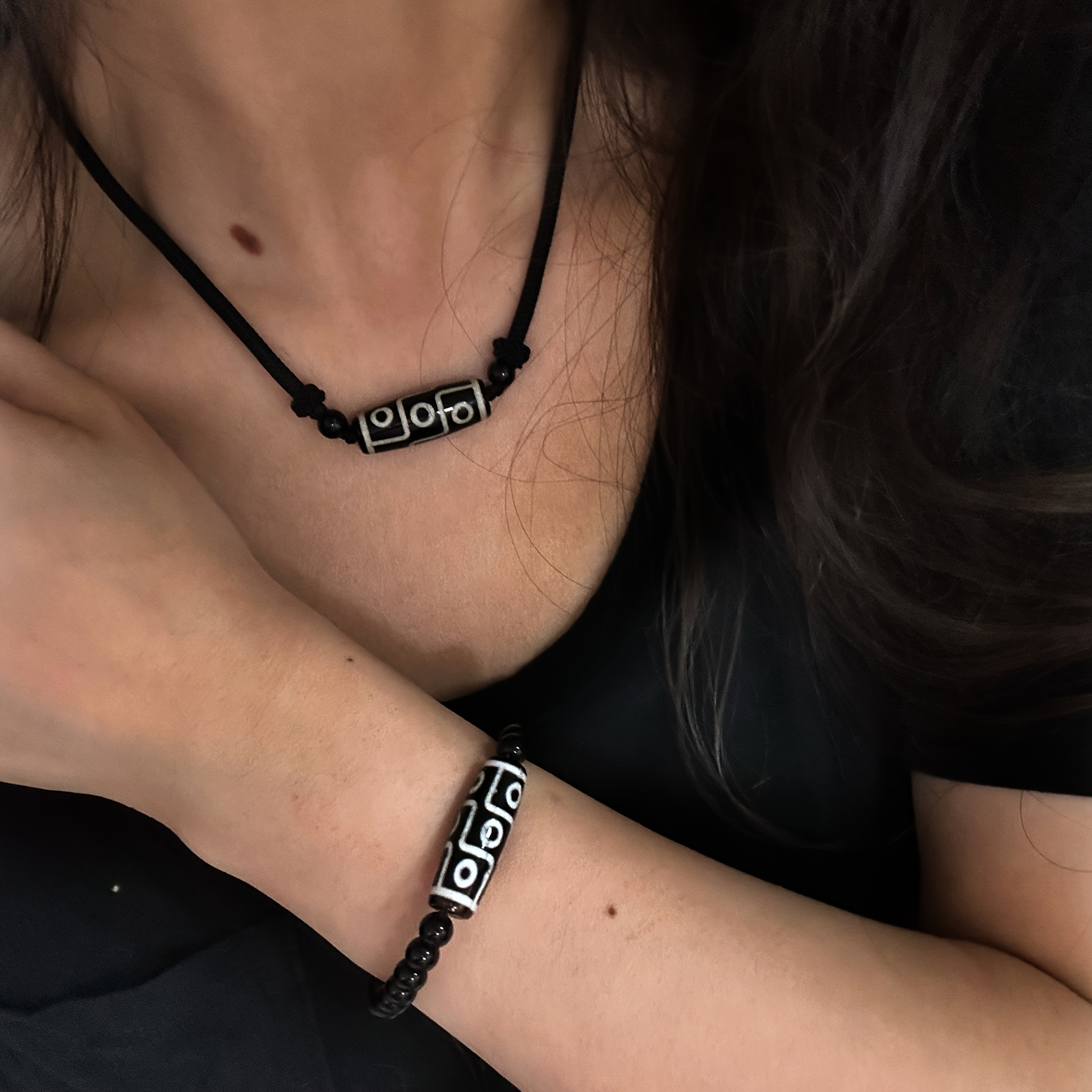 Adjustable Ethnic Nine Eyed Dzi Bead Braided Rope Necklace