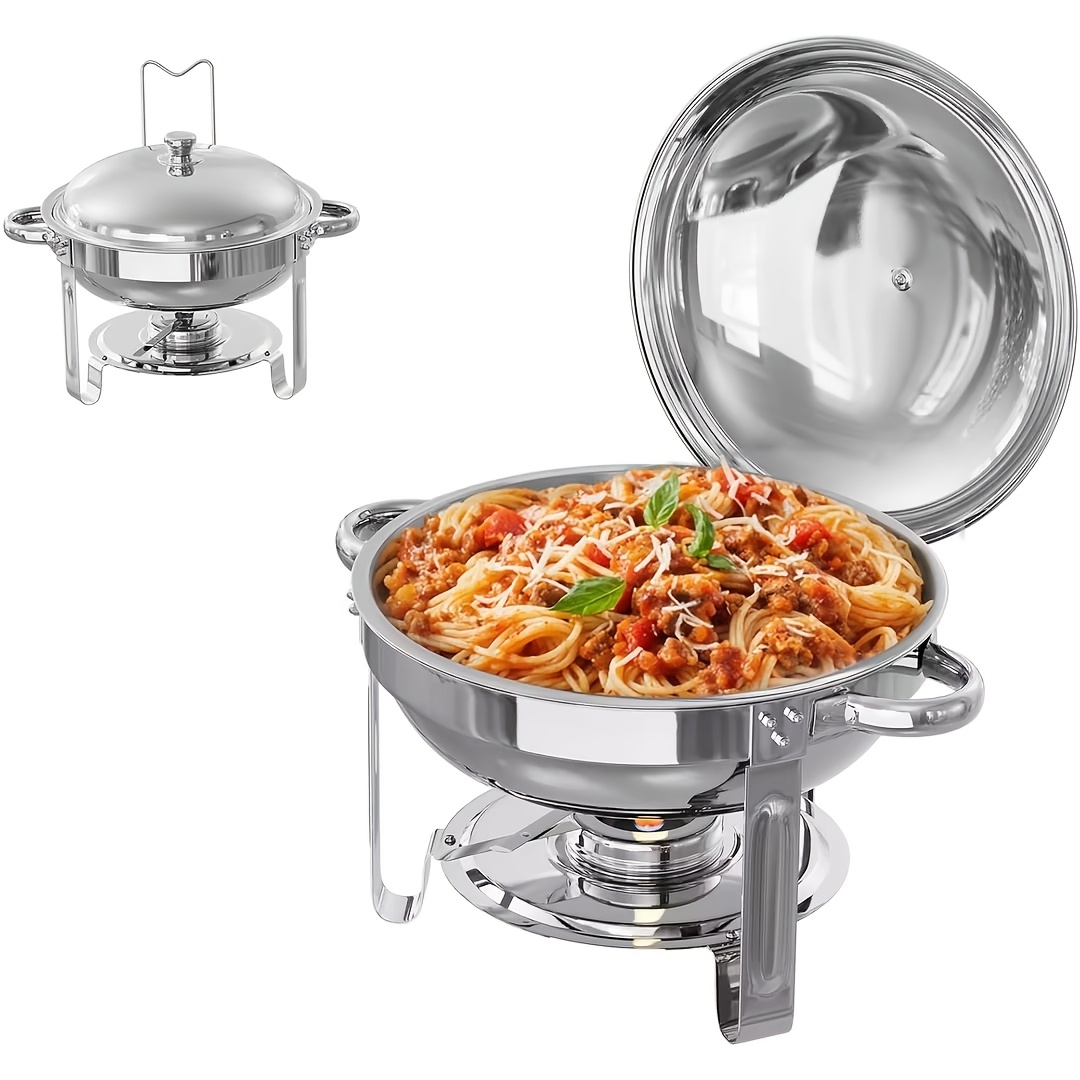 Image of 5l Round Chafing Dish Set, Water Bath Food Warmer, Stainless Steel Buffet Warming Container, Soup Chafing Dish For Catering, Buffets, Christmas Parties, And Schools