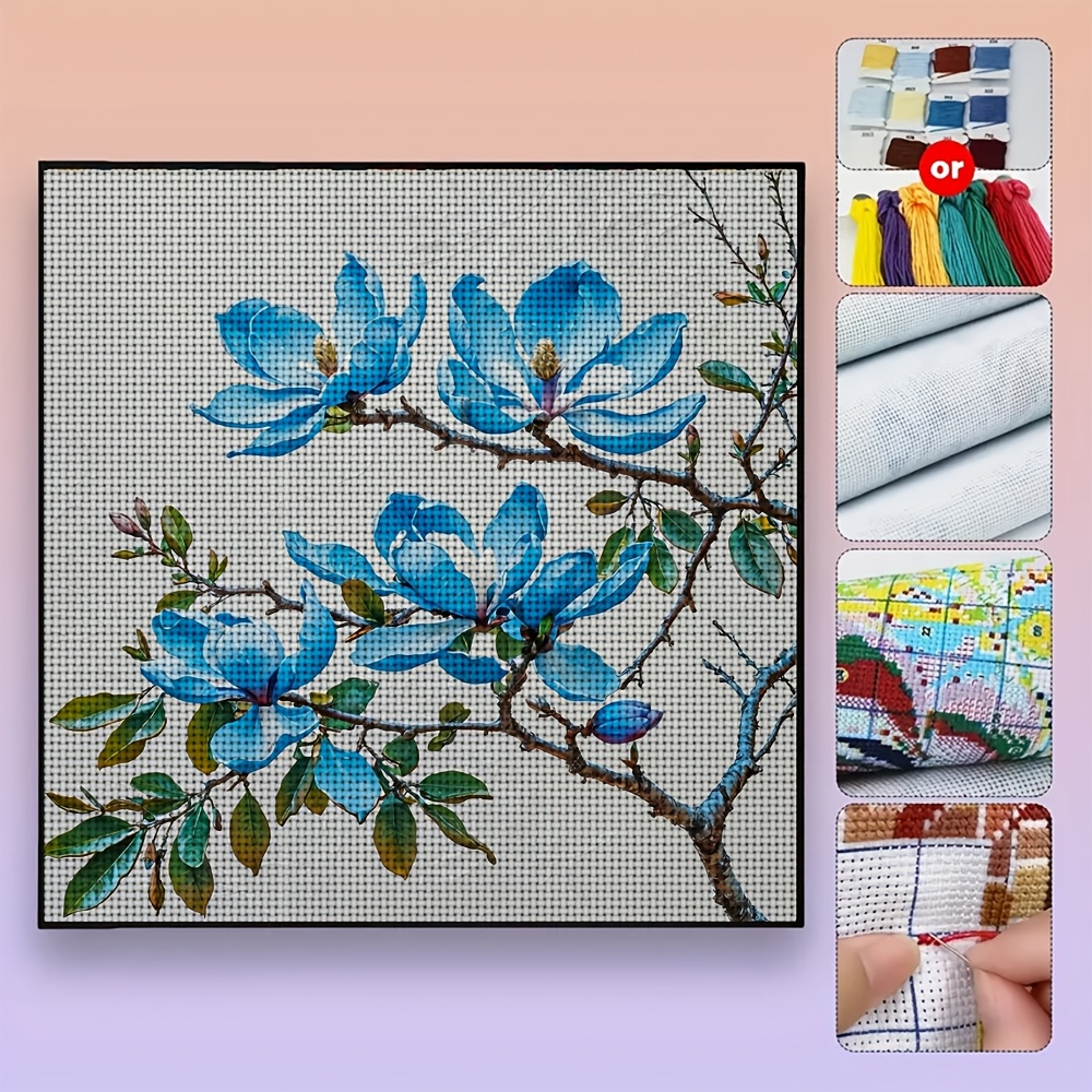 Cross Stitch Printed Kit, Frameless, Blue Magnolia Branch Decoration Pattern