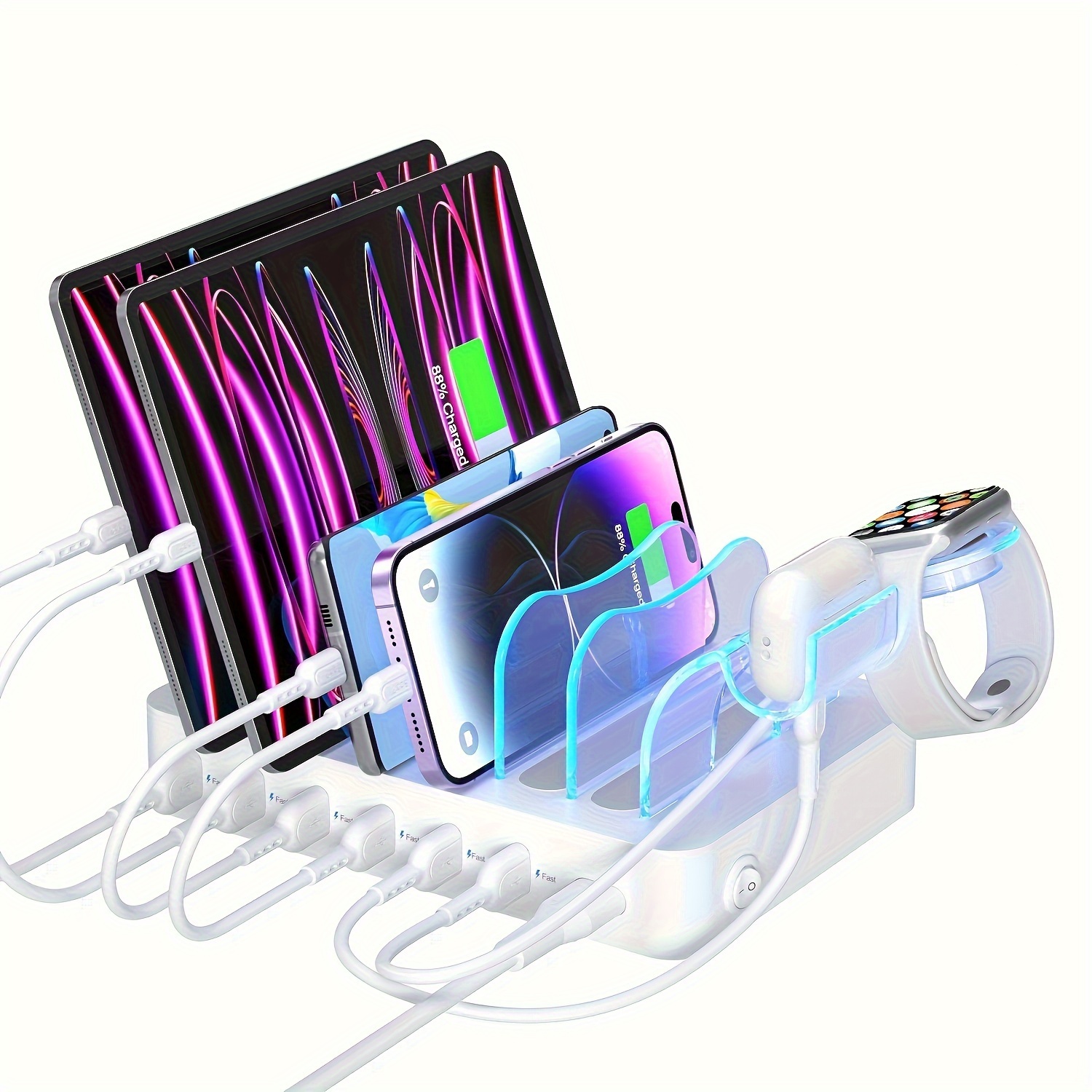 

Premium 6-port Usb Charging Station Organizer For Multiple Devices, 6 Short Charging Cables And 1 Upgraded L-watch Charger Holder Included, For Phones, Tablets, And Other Electronics