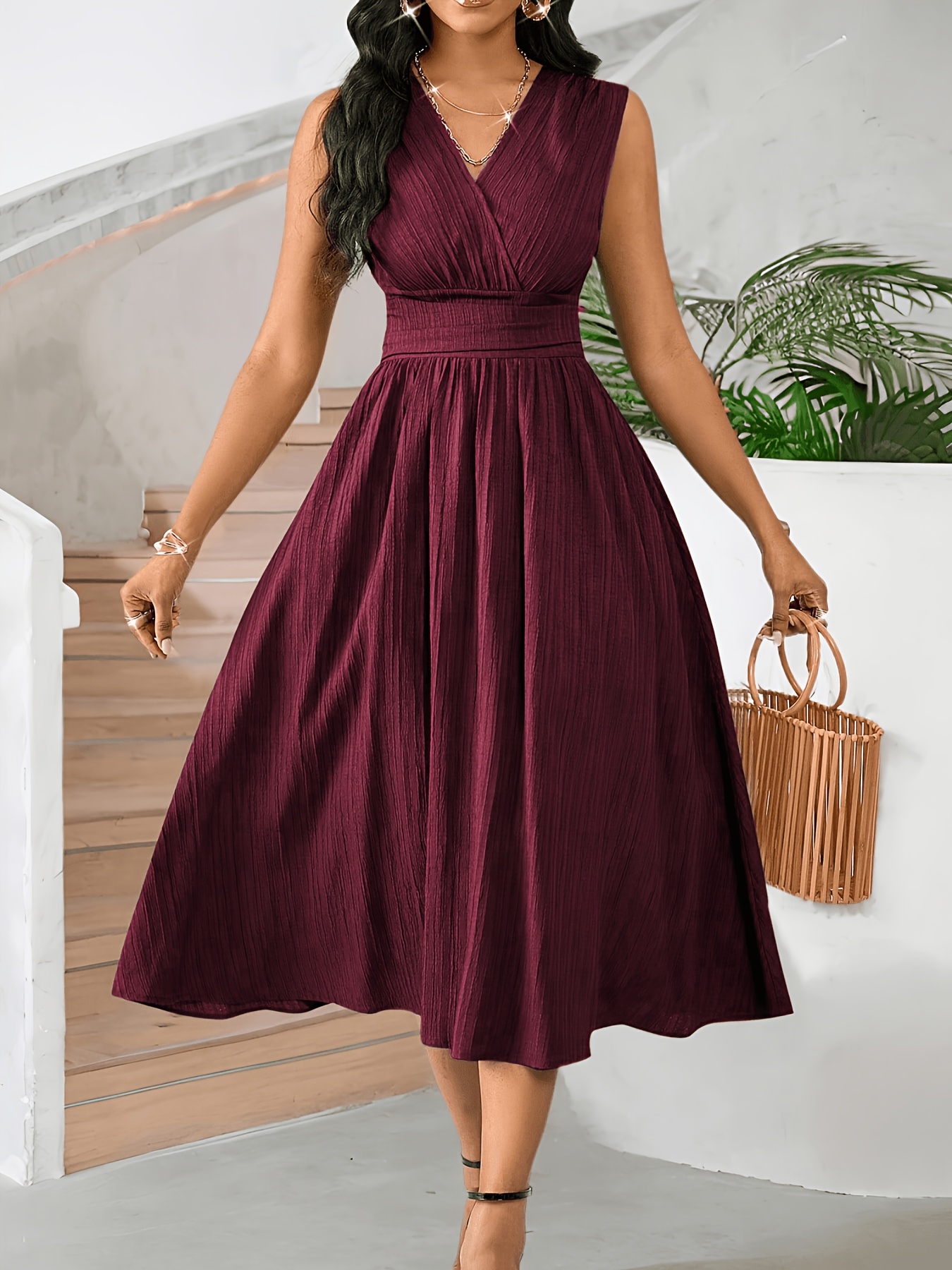   summer womens holiday dress midi sleeveless summer womens wear texture fabric womens clothing