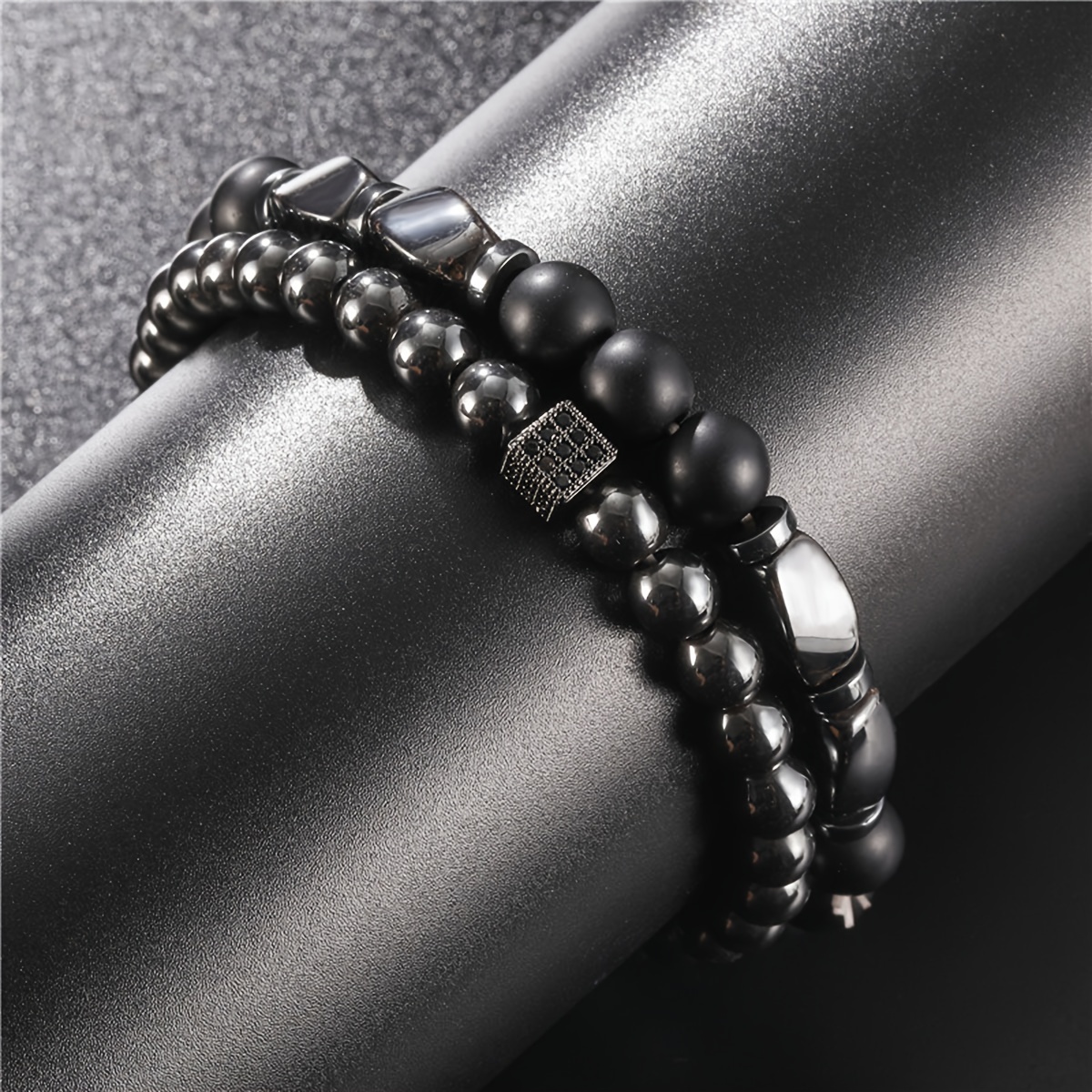 TEMU Men's Bangle Bangle Bracelet 2pcs Set, Black Agate Stone Beaded Bangle Bangle Bracelet, Black Stone Bangle Bangle Bracelet, Luxury Synthetic