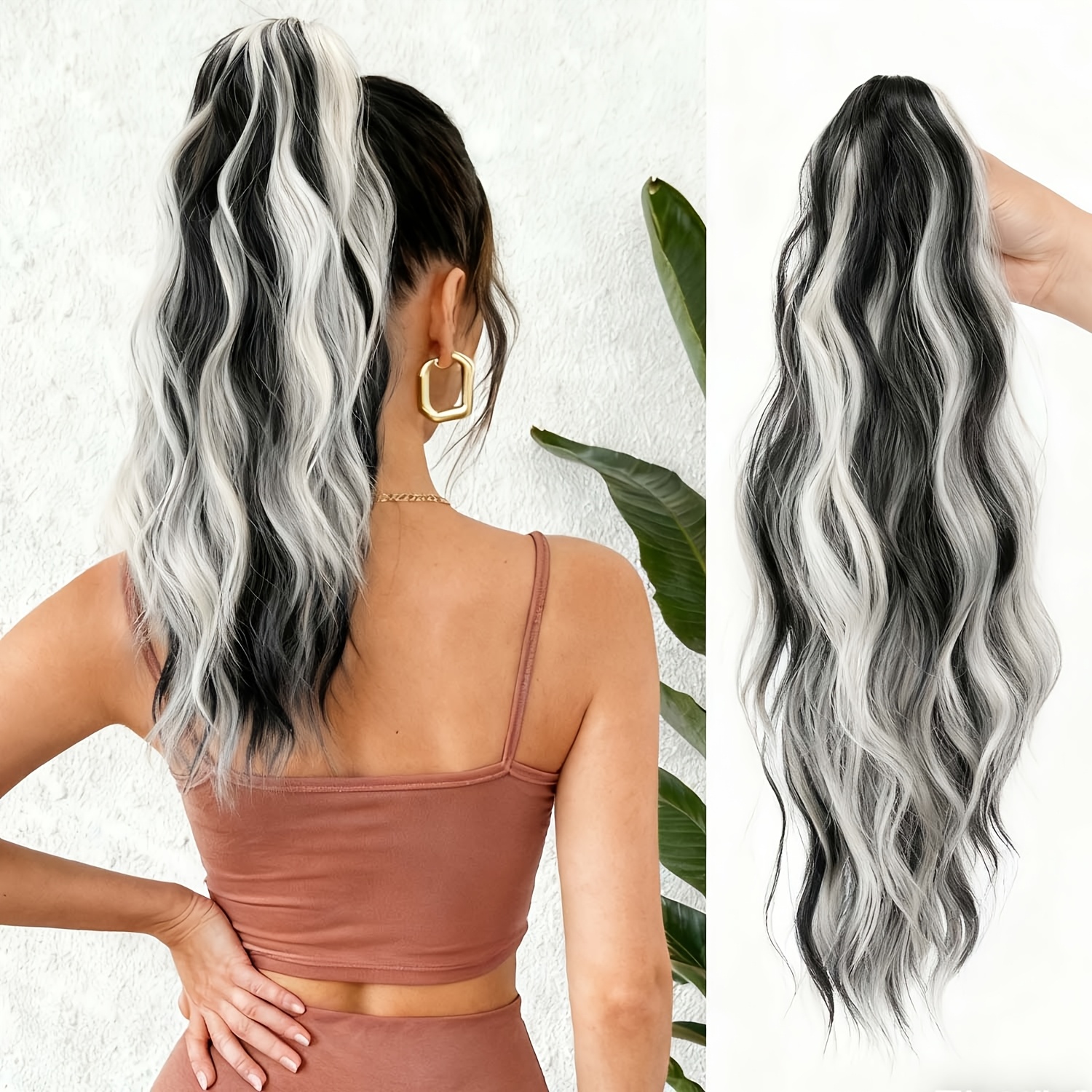 Image of Black And White Highlighted Big Waves High Ponytail, Niche Wig Made Of High Heat-resistant Material Suitable For Daily Wear, Volume Increase, Halloween
