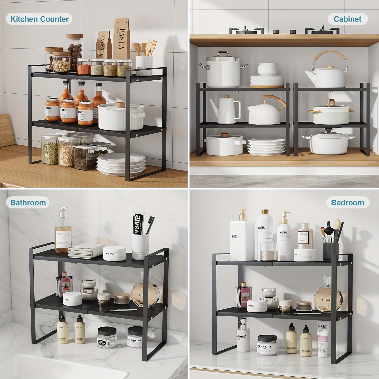 expandable black metal cabinet organizer riser 2 tier heavy duty non slip stackable storage shelf for kitchen pantry under sink countertop space saving design with open storage ideal for spices nuts and utensils kitchen organizers and storage details 8