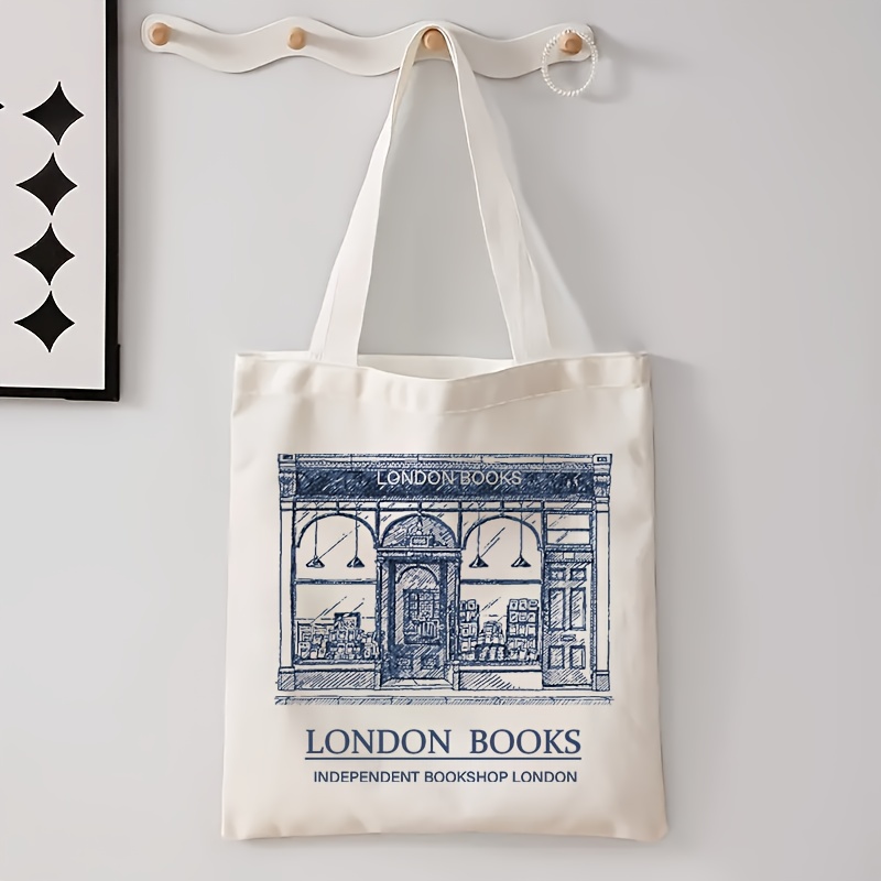 

1pc Vintage London Books Antique Pattern Canvas Tote Bag, Travel Carryall, Grocery Shopping Bag With Fixed Shoulder Straps, Unlined, No-closure Design