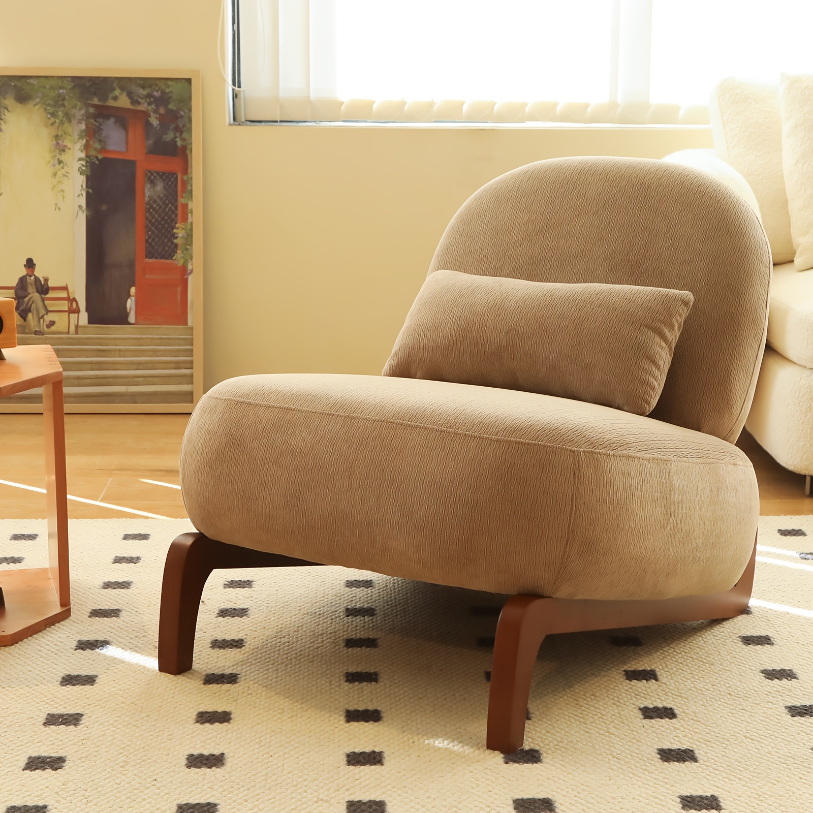 Cute Accent Chair with Solid Wood Legs, Velvet Living Room Chair with Soft Cushion, Cozy Bedroom Chair, Comfy Armless Reading Chair for Apartment, Waiting Room, Balcony