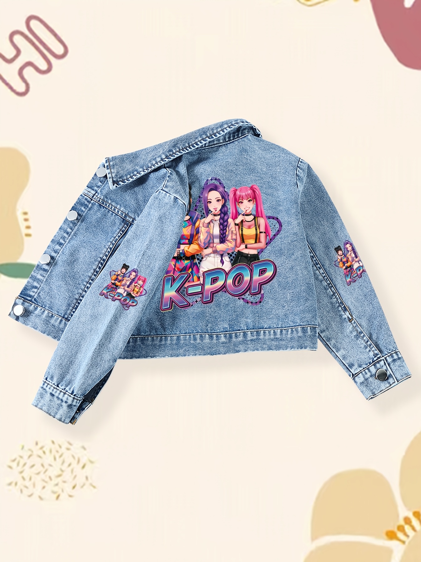 1pc denim jacket kids jacket girls top trendy cool girl group childrens denim jacket printed with k   girl group   featuring gradient k   lettering and a heart shaped border full of   sweet and cool at   time