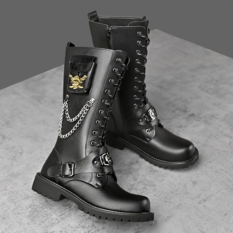 Femmes Gothique Bottes De Chevalier À Lacets Talons Hauts Punk Plateforme Bottes Mi-Mollet Fermeture Eclair Motos Bottes épais,Black Patent Leather,35 EU