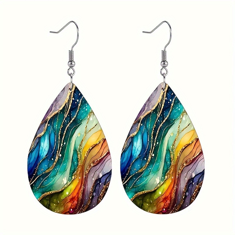 TEMU 1 Pair Of Elegant And Gradient Marble Droplet Shaped Earrings, Women's Artificial Leather Pendant Earrings, Elegant And Lightweight, For Holiday Jewelry Gifts