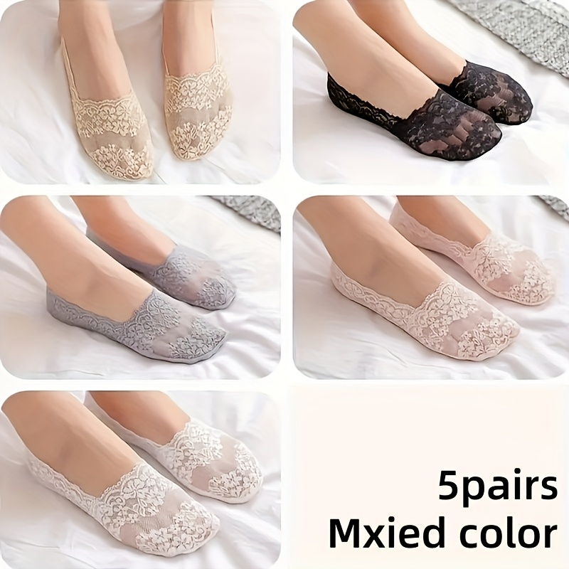 E-shop 10 Stück/5 Stück unsichtbare Damen-Socken - Weiche, hellbeige, atmungsaktive Socken mit Spitzensaum, rutschfest, Sommersocken, süße, nahtlose